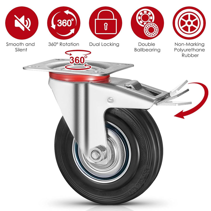 8 Stück Schwerlastrollen 200mm Lenkrollen Transportrollen mit Bremse bis 650kg Palettenrollen Rollen