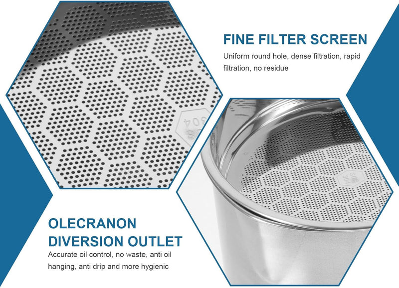 DOITOOL Ölsieb Topf Fettkanne 1. 3L Edelstahl Ölbehälter mit feinem Sieb, staubdichter Deckel, rutsc