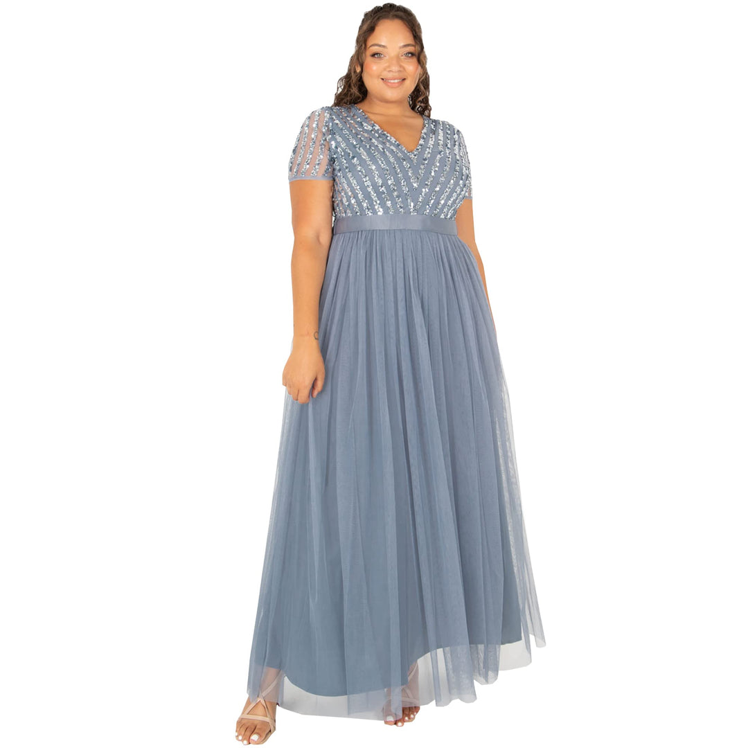Damen Ballkleid Abendkleid V-Ausschnitt Maxi Länge Pailletten Kurze Ärmel für Hochzeit Geburtstag Br