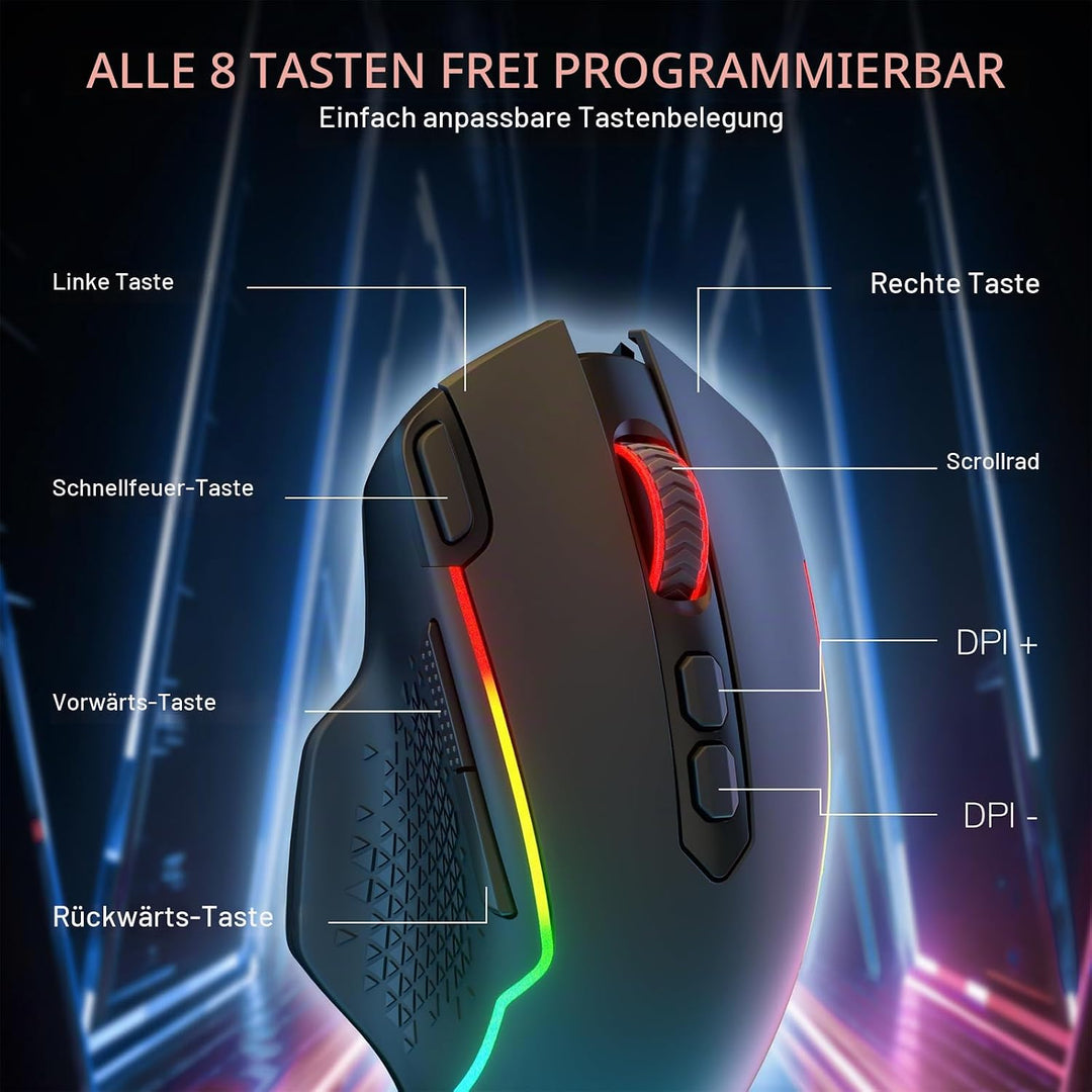 Redragon M810 MAX 3-Modus-Funk-Gaming-Maus, 12000 DPI kabelgebundene/kabellose RGB-Maus mit Schnellf