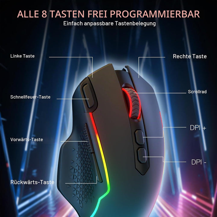 Redragon M810 MAX 3-Modus-Funk-Gaming-Maus, 12000 DPI kabelgebundene/kabellose RGB-Maus mit Schnellf