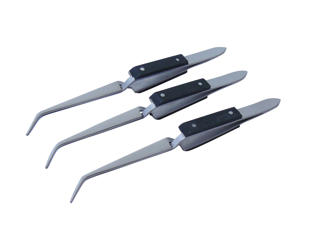 3x Lötpinzette Klemmpinzette Kreuzpinzette Technische Pinzette, gebogen, gerieft, Länge 16 cm