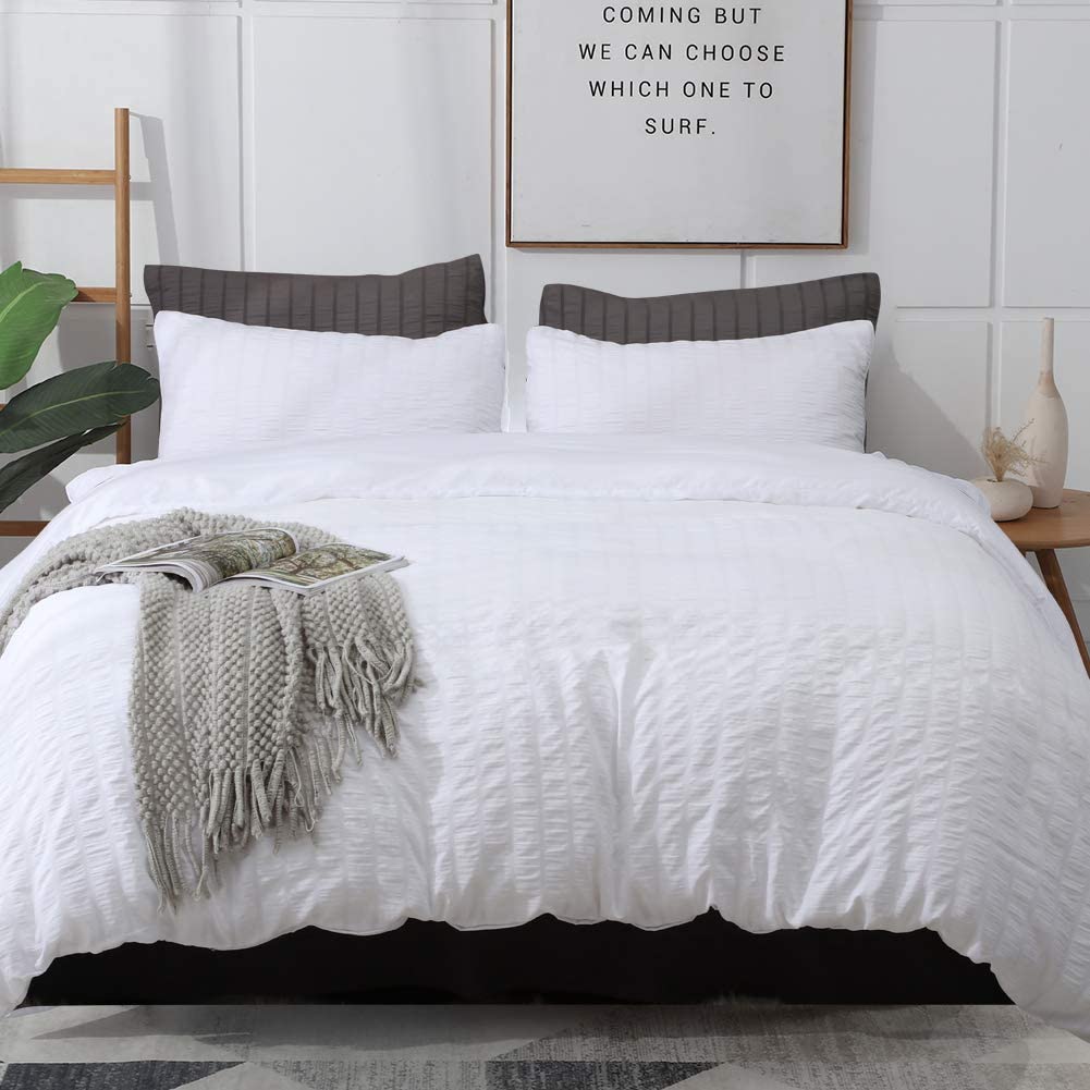 Boqingzhu Seersucker Bettwäsche Weiss 155x220cm 3 Teilig Uni Sommer Atmungsaktiv Kühlende Wende Bett