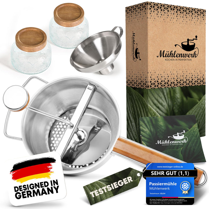 𝐌Ü𝐇𝐋𝐄𝐍𝐖𝐄𝐑𝐊 Passiermühle Edelstahl inkl. Marmeladengläser, Trichter &amp; 3 Passiersieb-Einlagen [naturre