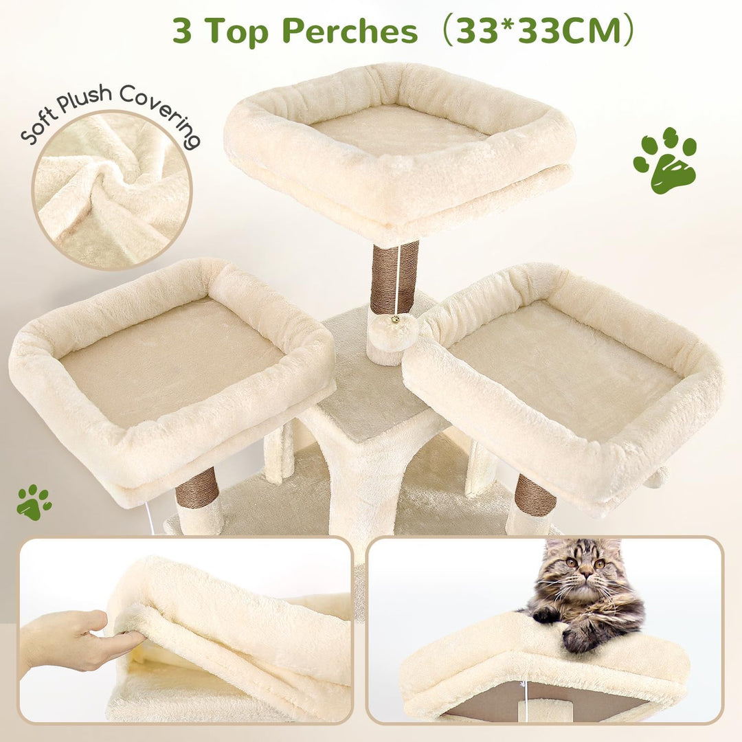 Globlazer Beige Kratzbaum Stabil 174 cm mit 3 Gepolsterte Sitzstangen, 2 Katzenhaus, 2 Korb, Abnehmb