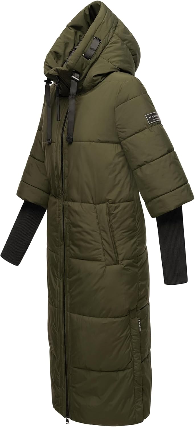 Navahoo Damen langer Wintermantel warmer Steppmantel mit Kapuze und Rippstrickärmeln Ciao Miau XIV X