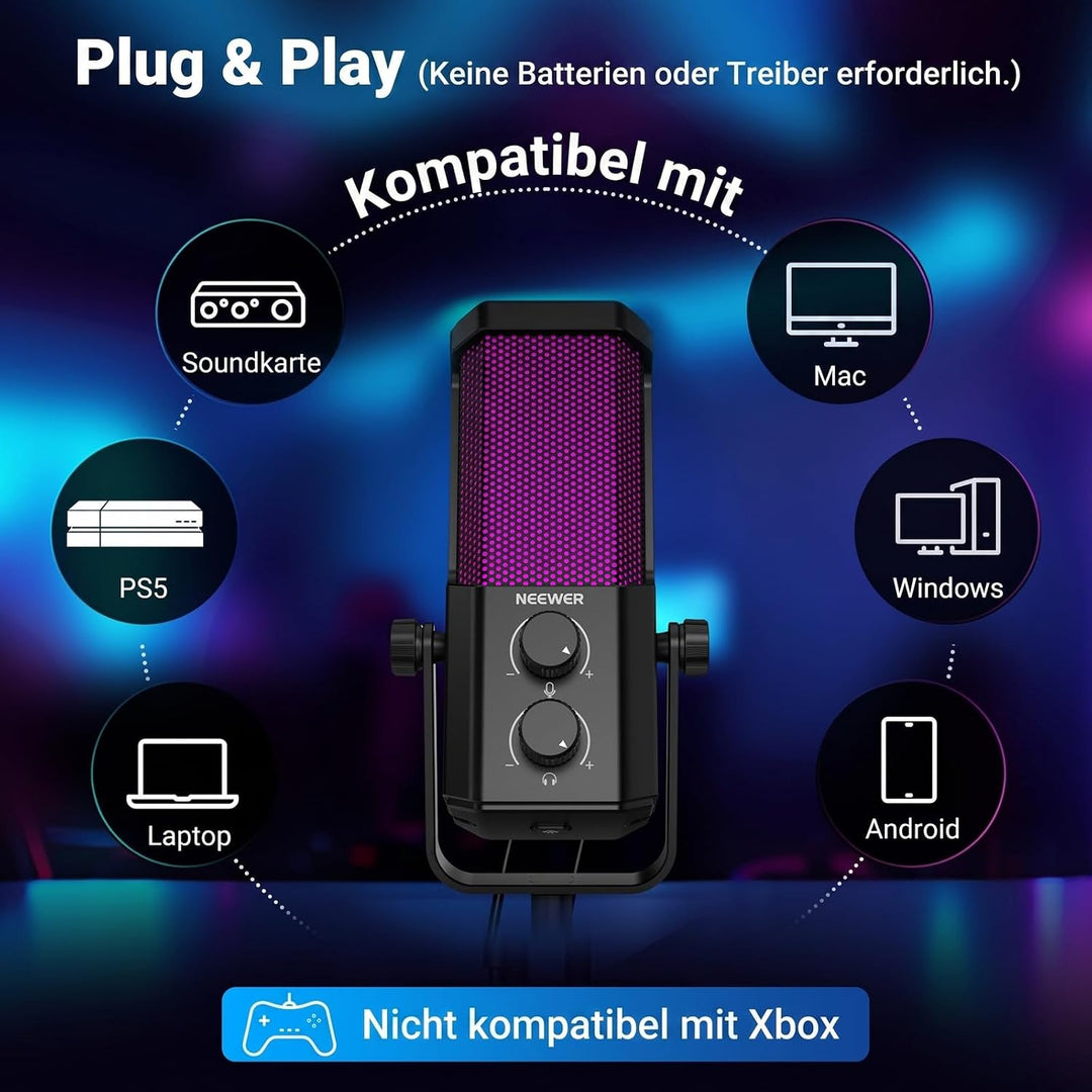 NEEWER UM01 USB Mikrofon mit AI Rauschunterdrückung, Plug &amp; Play Kondensatormikrofon mit Nierenchara