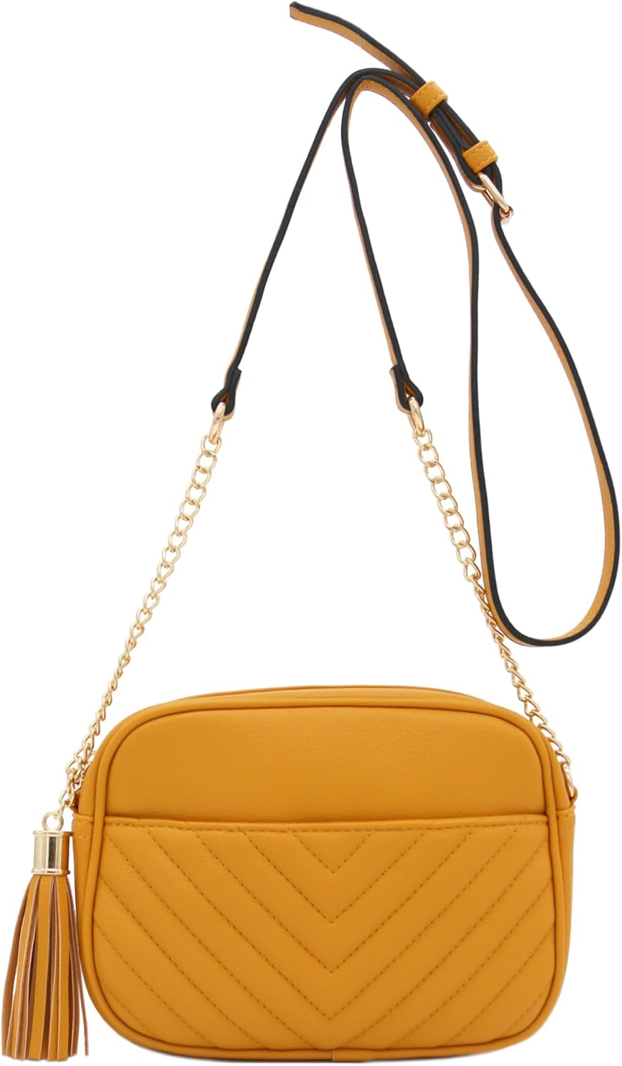 FashionPuzzle Chevron gesteppte Crossbody-Kameratasche mit Kettenriemen und Quaste Senf, Senf