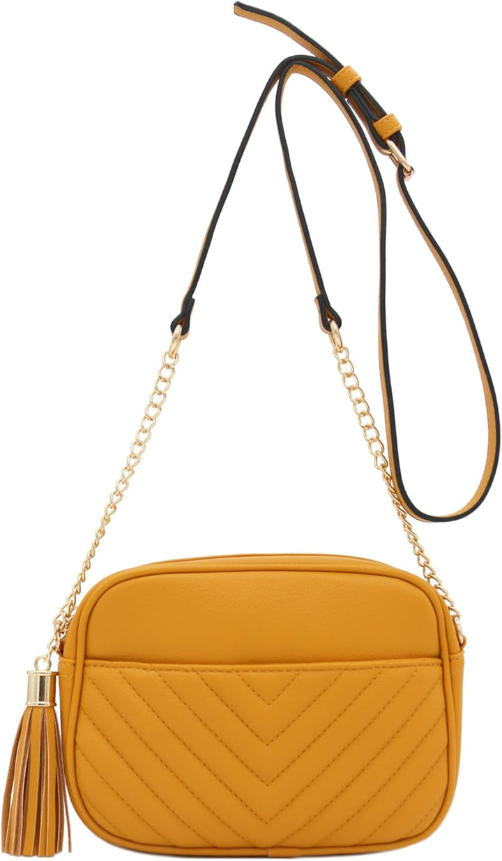FashionPuzzle Chevron gesteppte Crossbody-Kameratasche mit Kettenriemen und Quaste Senf, Senf