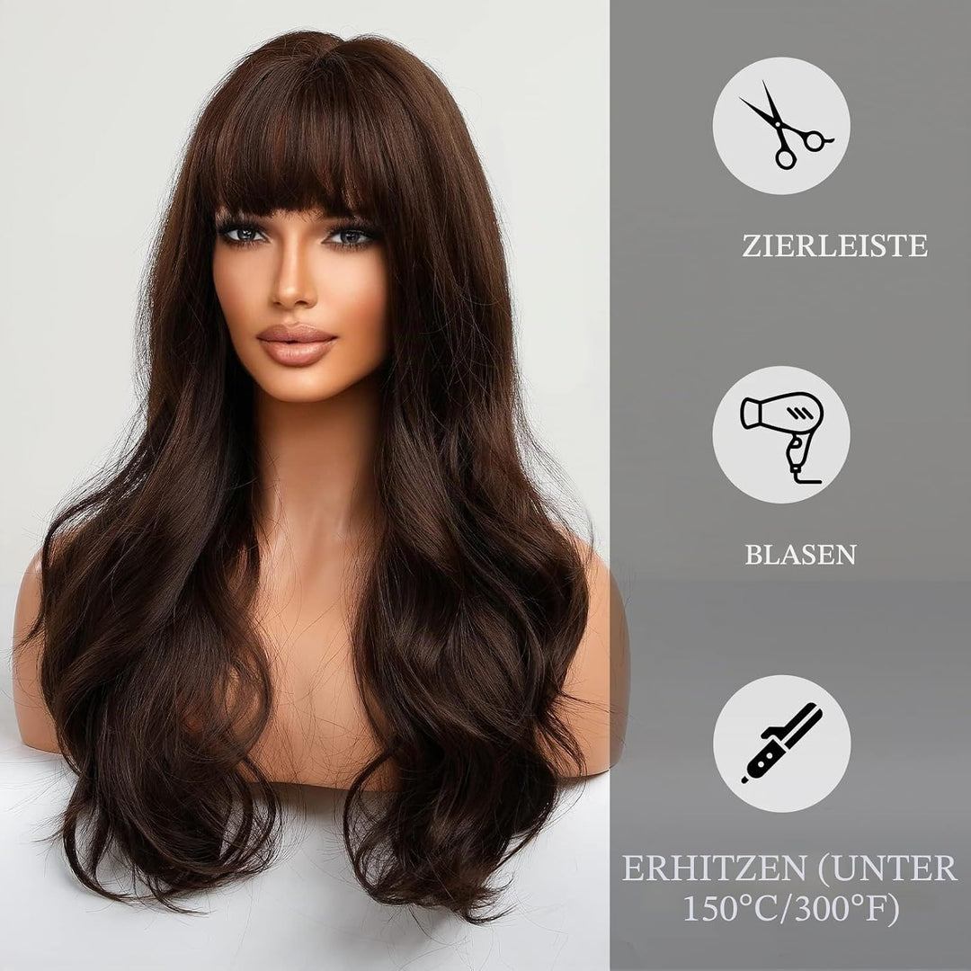 HAIRCUBE Lange braune Perücke mit Pony Welle Lockige Perücken für Frauen 26 Zoll Hitzebeständige nat