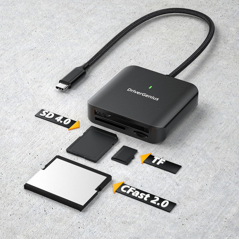 DriverGenius 3-in-1 USB-C CFast2.0 Kartenleser - mit UHS-II SD/microSD4.0-Slots, Kabellänge 30cm, HB