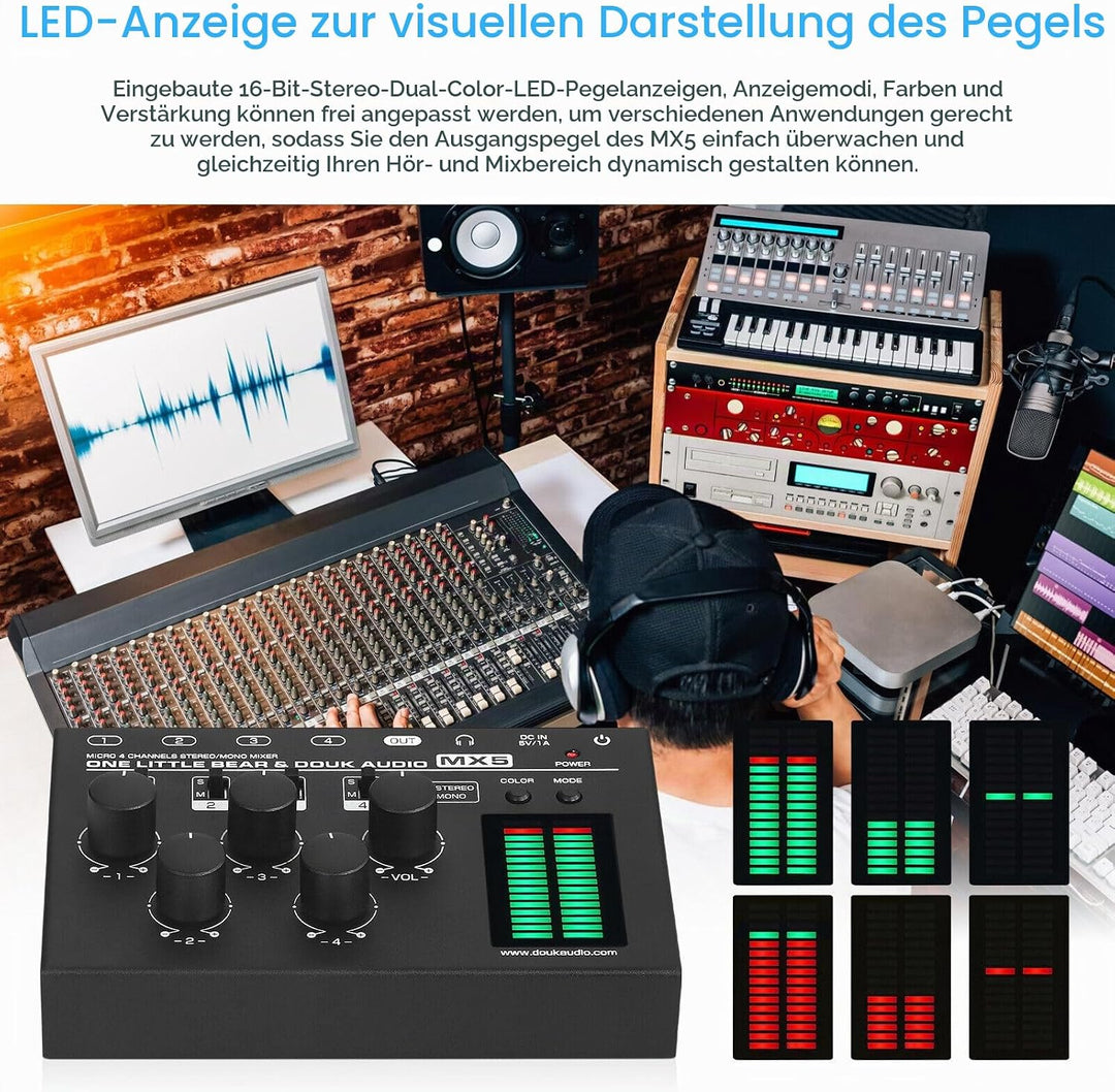 Douk Audio MX5 Mono/Stereo 4-Kanal Audio Mixer Ultra-rauscharmer Line Mixer LED Pegelmesser