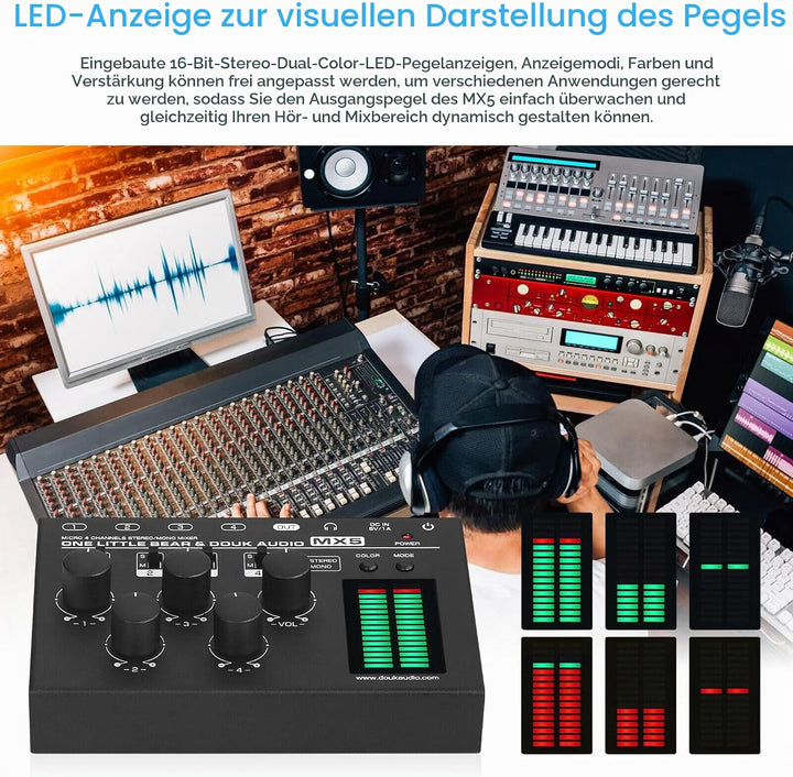 Douk Audio MX5 Mono/Stereo 4-Kanal Audio Mixer Ultra-rauscharmer Line Mixer LED Pegelmesser
