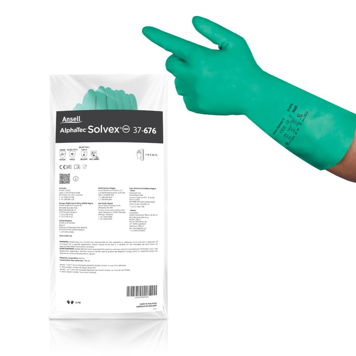 Ansell AlphaTec 37-676 Nitril-Handschuhe, Chemikalien- und Flüssigkeitsschutz, Grün, Grösse 10 (12 P