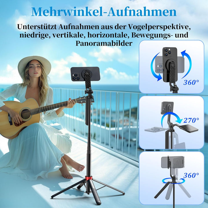 PlusAcc 176cm Magnetisches Selfie-Stativ für MagSafe - Stabile Tripod Stick Halterung & 360° drehbar