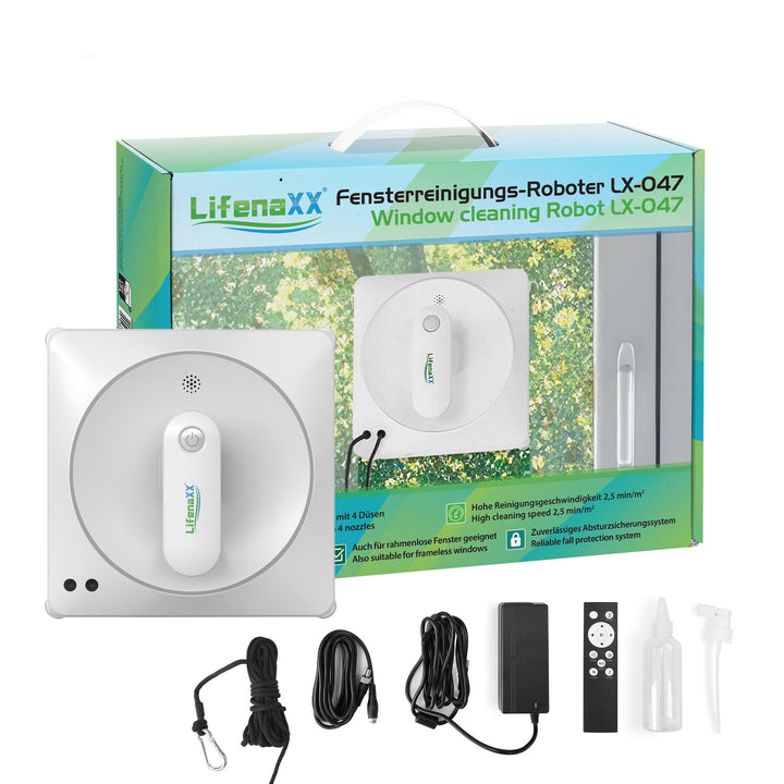 Lifenaxx Fensterreinigungsroboter LX-047, elektrischer Fensterreiniger mit 2 Sprühdüsen, hohe Saugkr