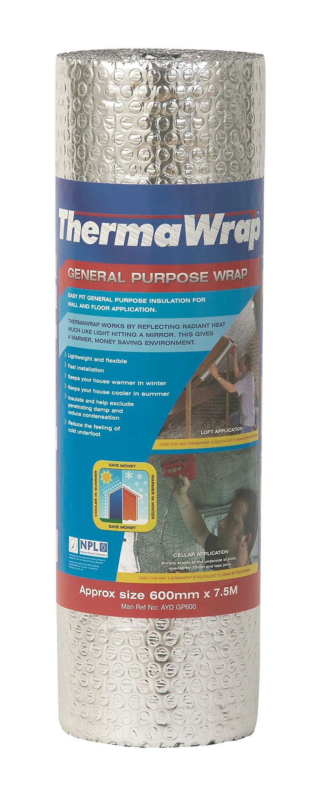 Thermawrap Wand- und Fussbodenisolierung, 600 mm x 7,5 m x 3,7 mm