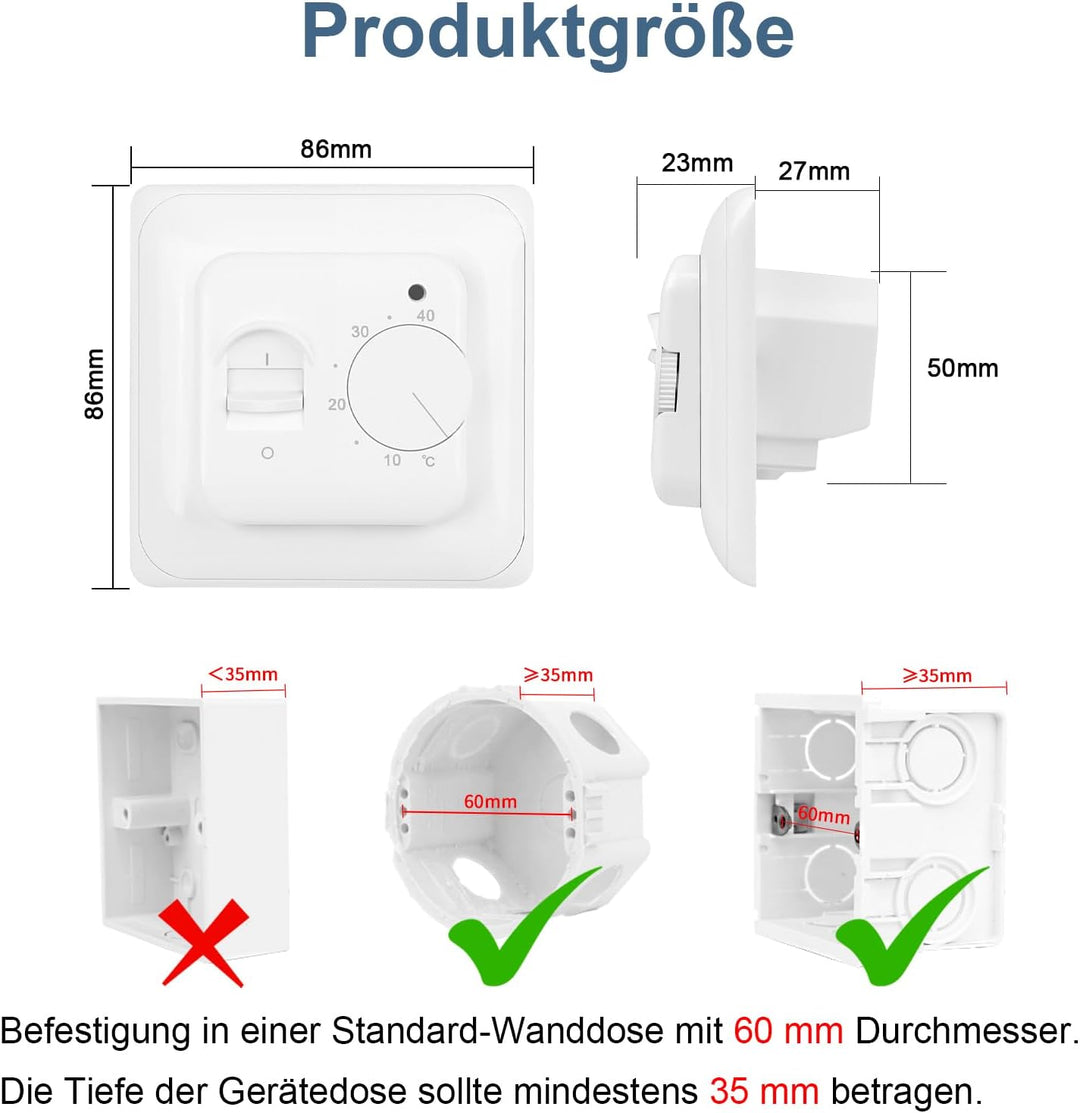 CNBINGO Drehknopf Digitaler Raumthermostat Unterputz mit Fühler, Geeignet für alle Arten von elektri