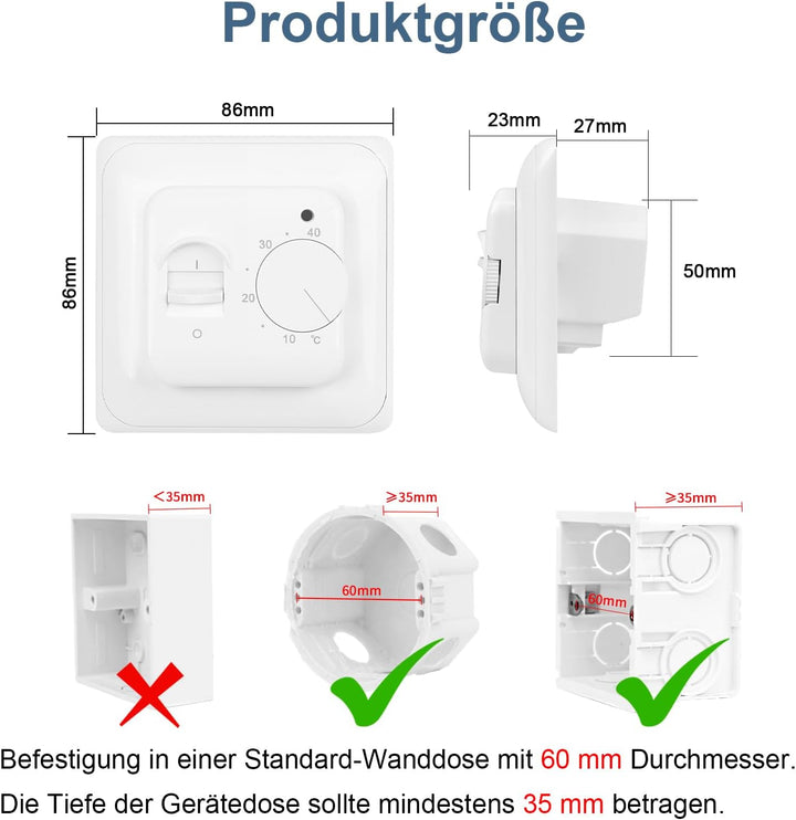 CNBINGO Drehknopf Digitaler Raumthermostat Unterputz mit Fühler, Geeignet für alle Arten von elektri