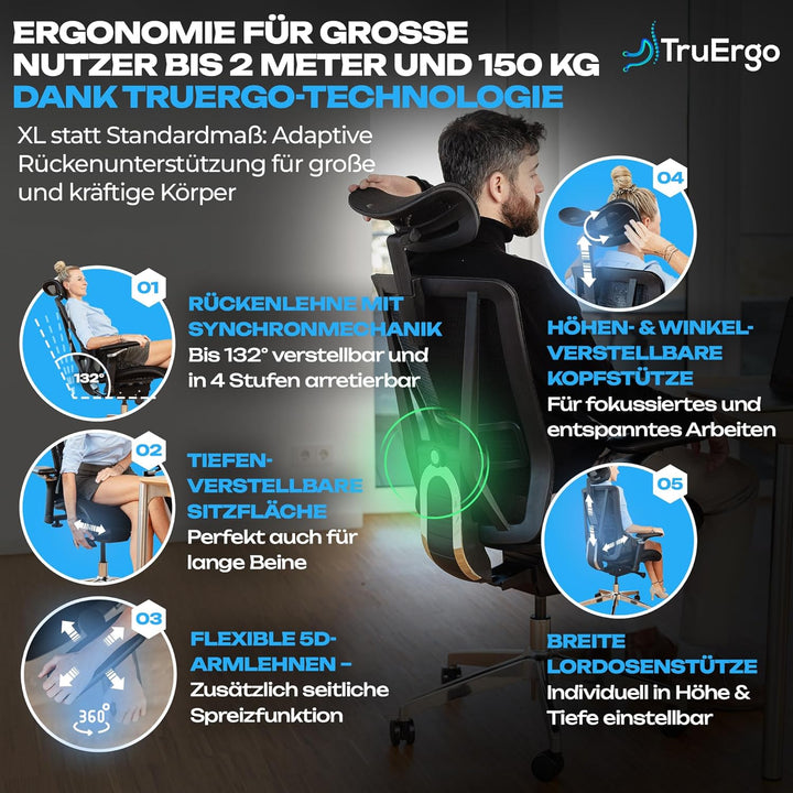 VALKENSTOL M8 Bürostuhl Ergonomisch Testsieger für Grosse Menschen, Breite Sitzfläche Schreibtischst