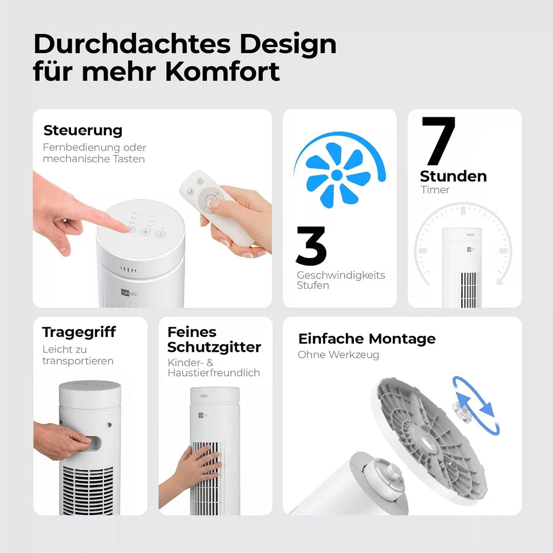 aeco AirX SPIN Turmventilator mit Fernbedienung 3 Geschwindigstufen 7H Timer 35w mobiler Lüfter Oszi