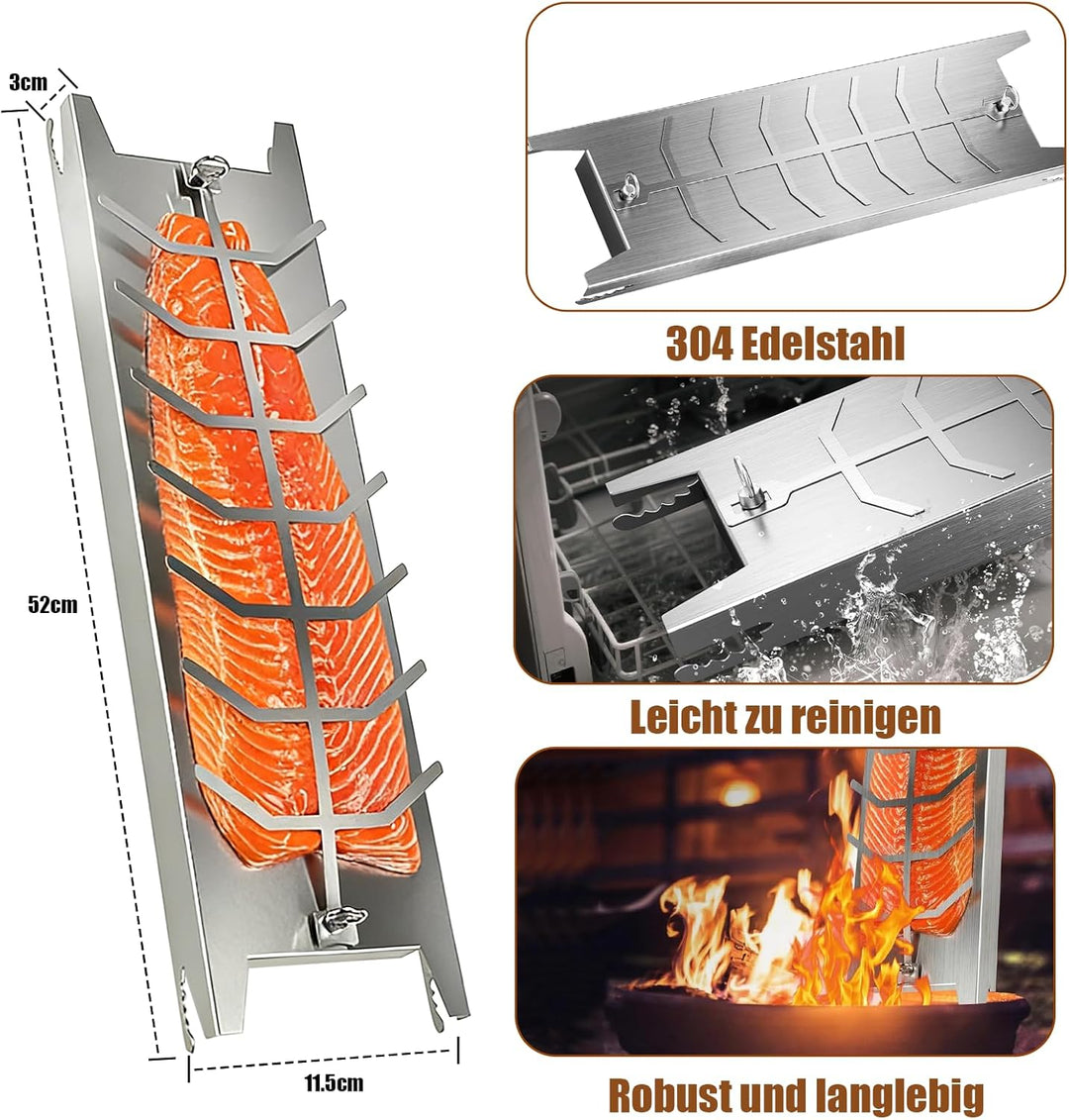 Flammlachsbrett Edelstahl, Flammlachsbrett für Feuerschale, mit Fünf Verstellwinkel für die Neigung