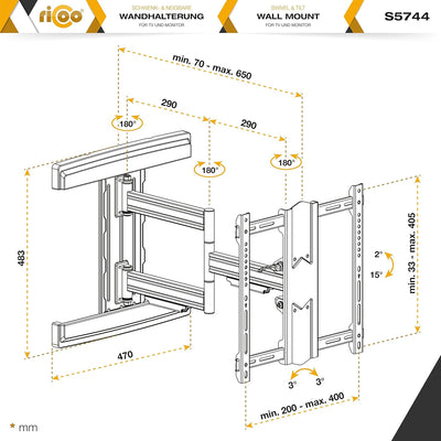 RICOO TV Wandhalterung Fernseher Schwenkbar Neigbar für 45-85 Zoll, Universal TV Halterung S5744-W,