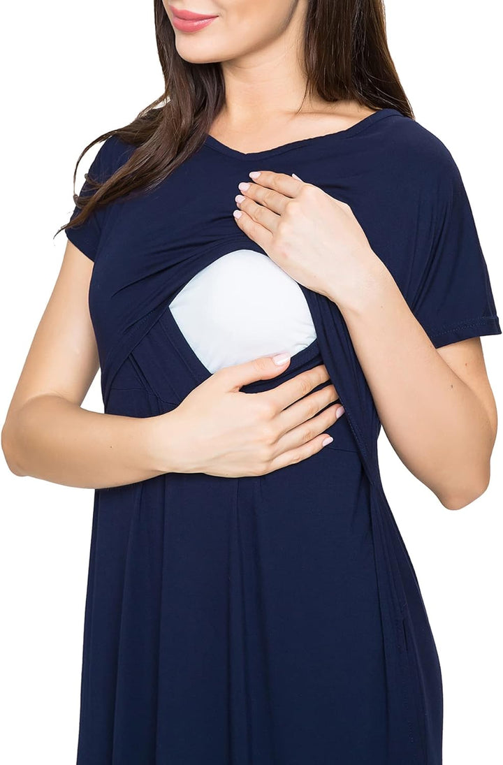 Smallshow Damen Lang Split Stillkleid Kurzarm Umstandskleid Sommer L Marine, L Marine