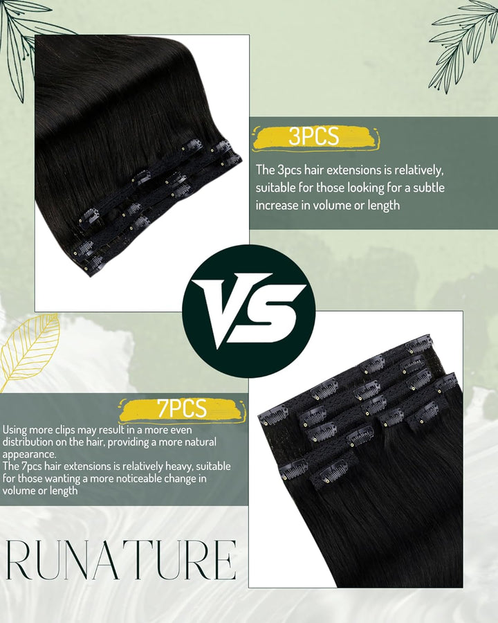 RUNATURE Echthaar Extensions Clip Schwarz 25cm Glatt Menschliches Haar Clip in Extensions Echthaar N