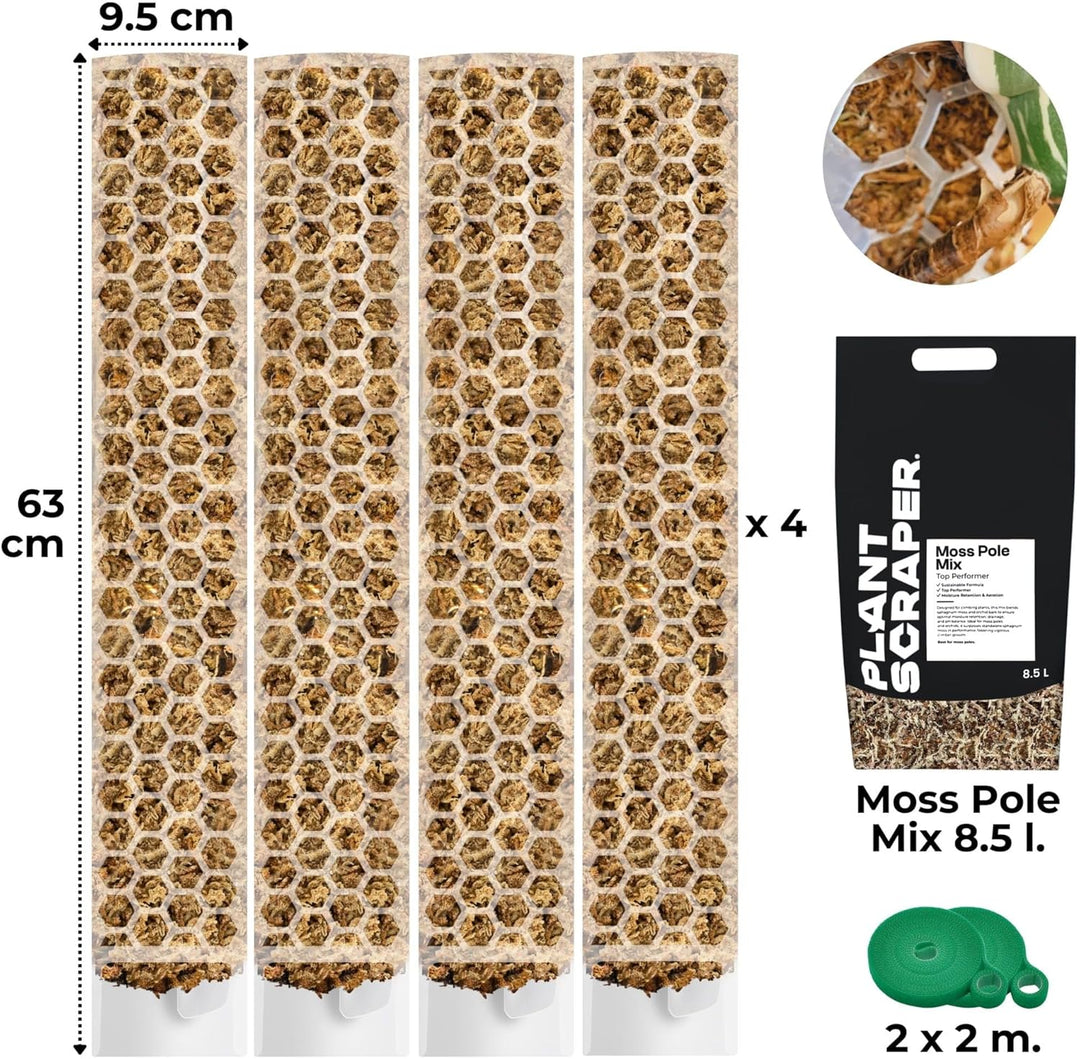 XL Moosstab für Monstera 4 Stück 63 x 9.5 cm - Erweiterbare Rankhilfe & Zubehör-Set - Pflanzstäbe mi