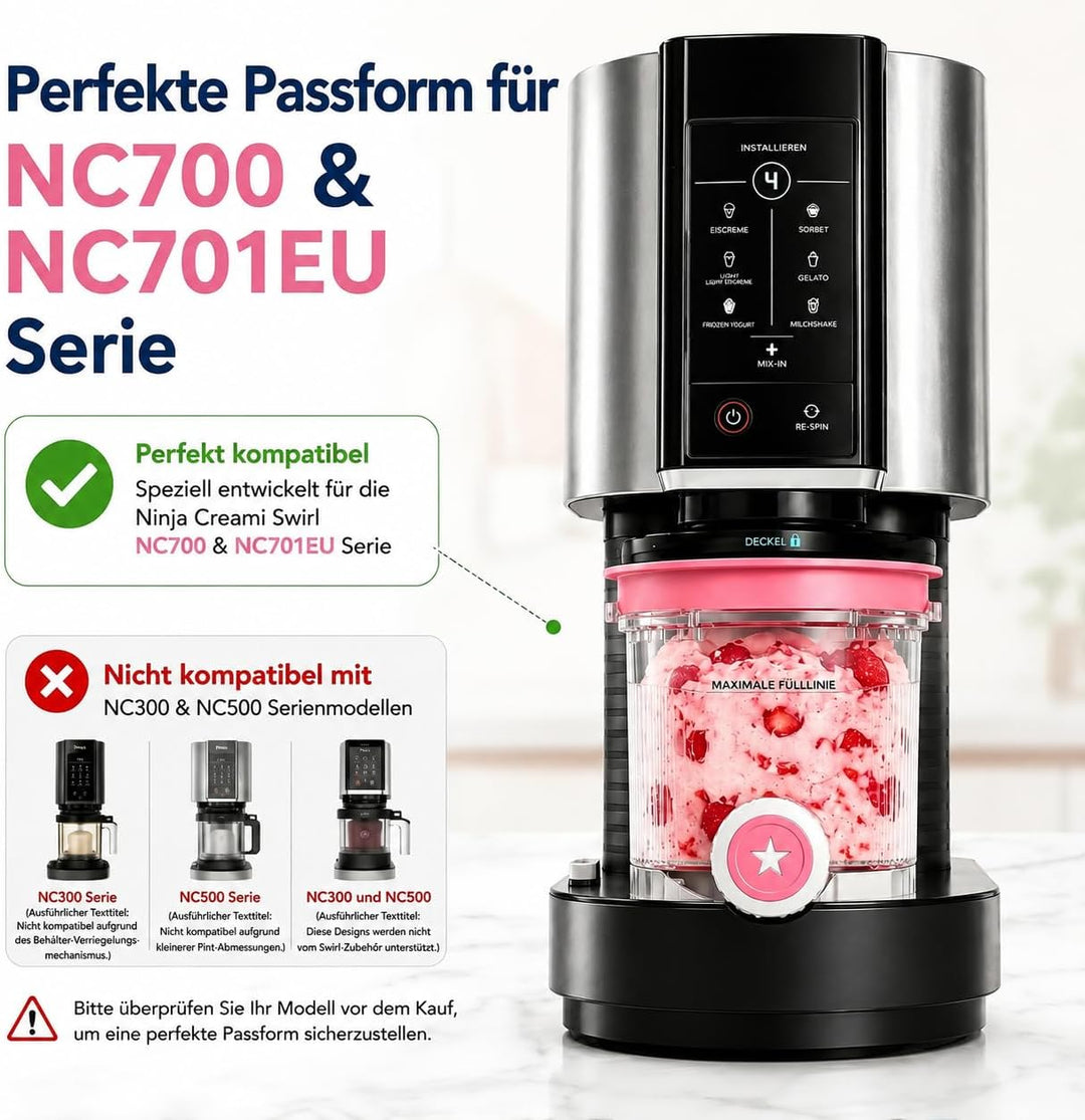 4 Behälter Kompatibel mit Ninja Creami Swirl NC700 NC701EU, 480ml Eisbecher Set mit 4 Farbigem Decke
