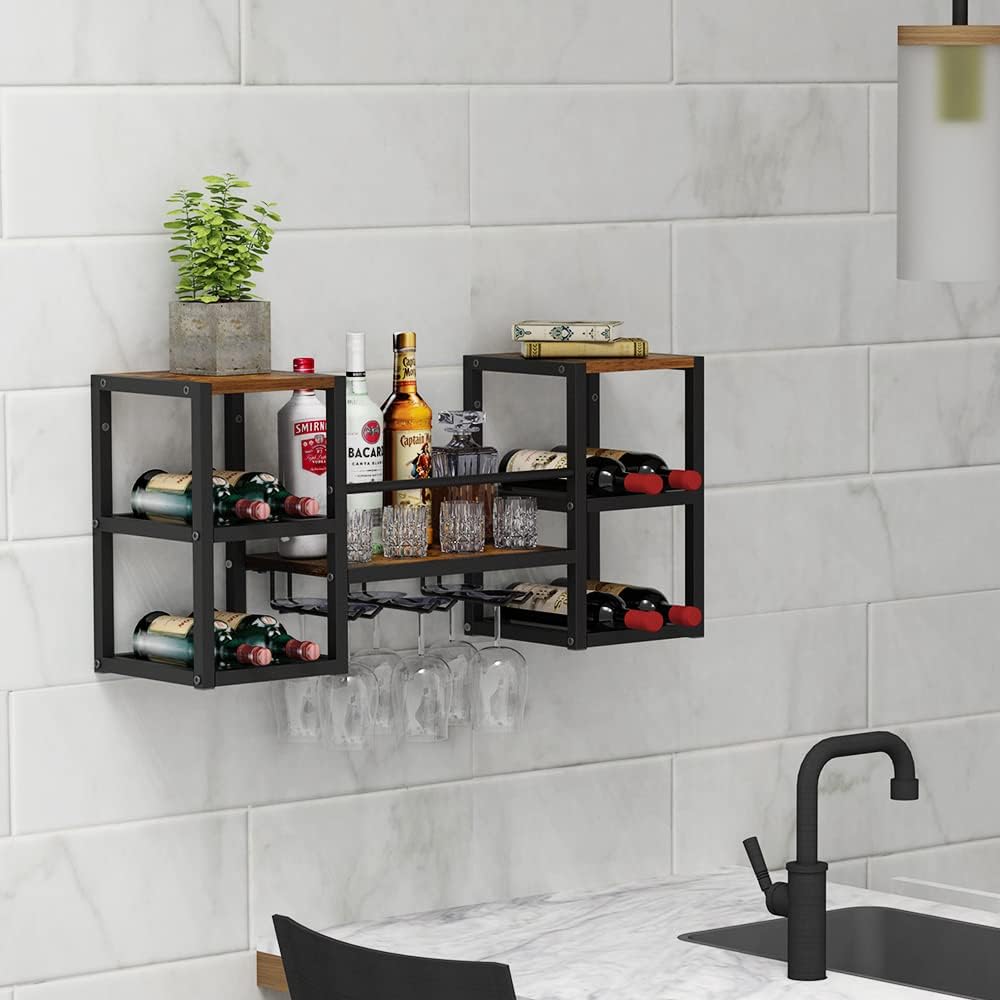 VEDECASA industriell wandmontierte Weinregal mit 3 Dampfglashalter Partial Holzregal Schwarz Metallf