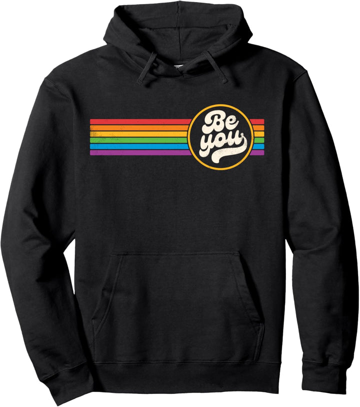 LGBTQ Be You Gay Pride LGBT Ally Rainbow Flag Retro Vintage Pullover Hoodie