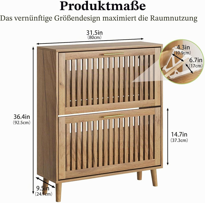 Schuhschrank mit Lamellen und 2 Klappschubladen, schmaler Schuhschrank für den Eingangsbereich, frei
