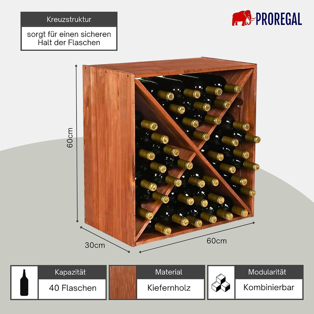 PROREGAL Modulares Weinregal VINCELLAR MOD | HxBxT 60x60x30cm | Kreuz Modul für 40 Flaschen | Massiv
