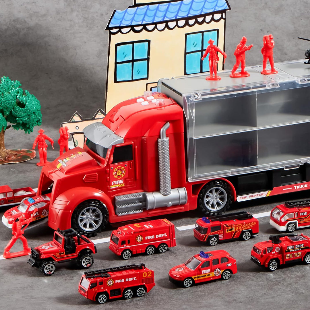 JOYIN 25-in-1 Feuerwehrauto Spielzeugset mit Geräuschen und Lichtern, Feuerwehr Fahrzeuge im Trägerw