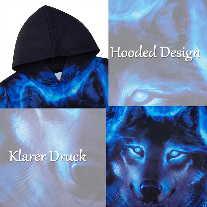 AIDEAONE Jungen Mädchen 3D Hoodie Kapuzenpullover Sweatshirt Mit Kapuze Wolf Blau 11-14 Jahre, Wolf