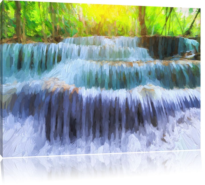 Pixxprint Wasserfall im Regenwald / 100x70cm Leinwandbild bespannt auf Holzrahmen/Wandbild Kunstdruc