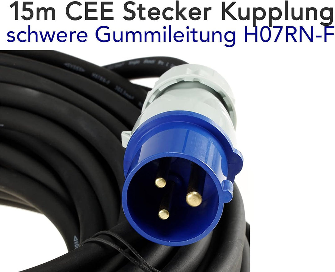 ChiliTec CEE Verlängerungskabel 15 Meter Stecker auf Winkelkupplung | 90° IP44, H07RN-F 3G2,5, 230V