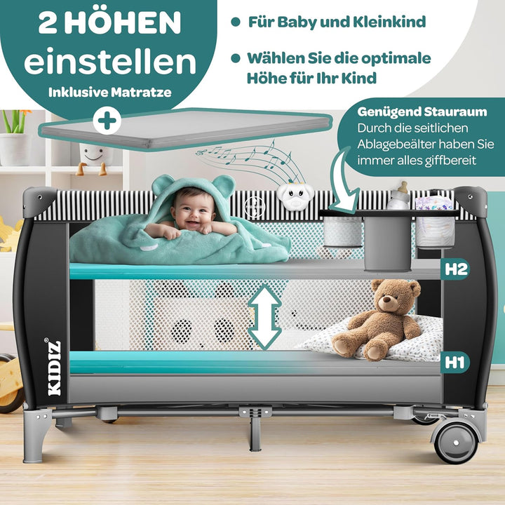 Kidiz® Babybett Reisebett Kinderreisebett klappbar mit Matratze & Räder 120x60, Seiteneingang, Wicke