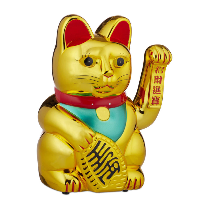 Relaxdays, gold Winkekatze, XL Maneki Neko, batteriebetriebene winkende Pfote, Glücksbringer für Rei