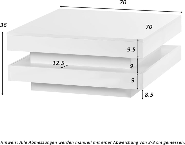Merax Couchtisch Weiss Hochglanz quadratischer, Moderner Wohnzimmertisch mit drehbarer Platte, Beist