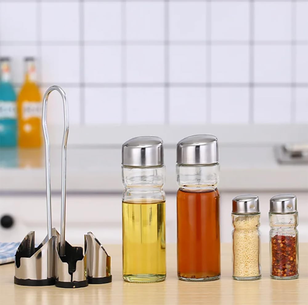 Essig und Öl Spender Set - 2 x 175 mL Glasflaschen und Metallhalterung mit Salz- und Pfefferstreuer
