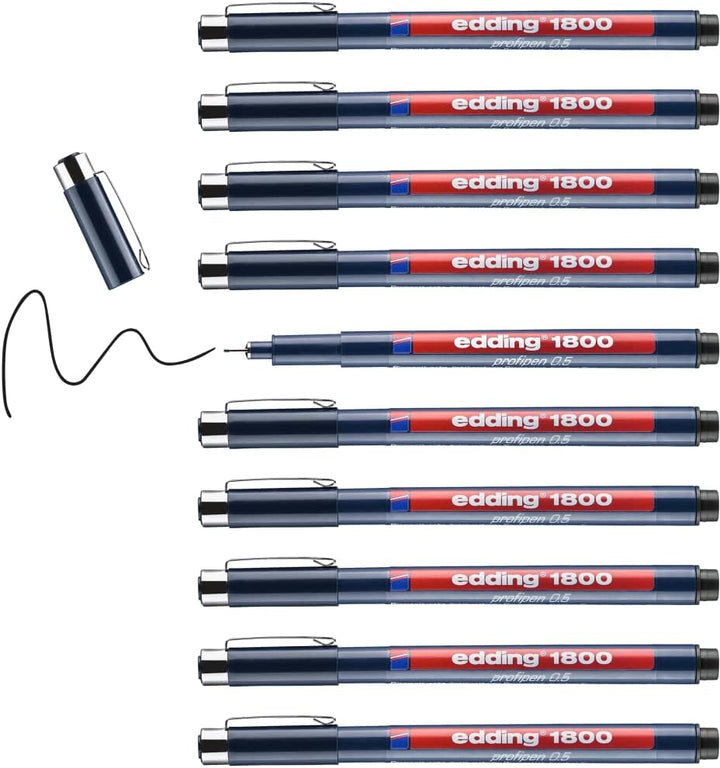 edding 1800 Präzisionsfeinschreiber - schwarz - 10 Stifte - Linienbreite 0,5 mm - Fineliner zum präz