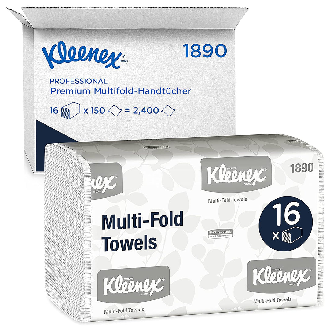Kleenex Handtücher 1890 – Papierhandtücher – 16 Packungen Falthandtücher x 150 weisse Papiertücher (