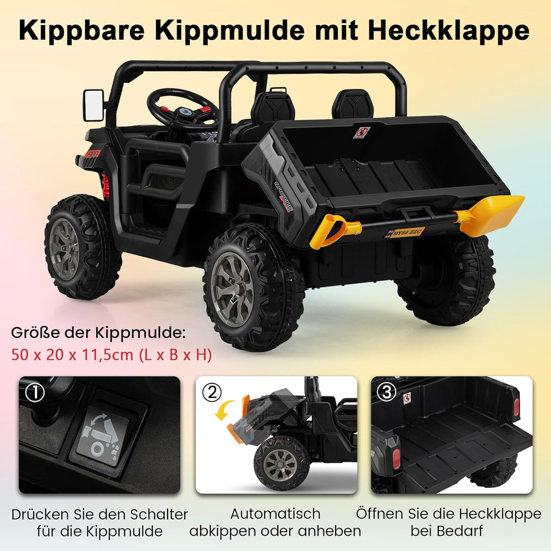 GOPLUS Kinder Elektroauto, 2-Sitzer Kinderauto mit Kippbett, Schaufel & Fernbedienung & Musik & Sche