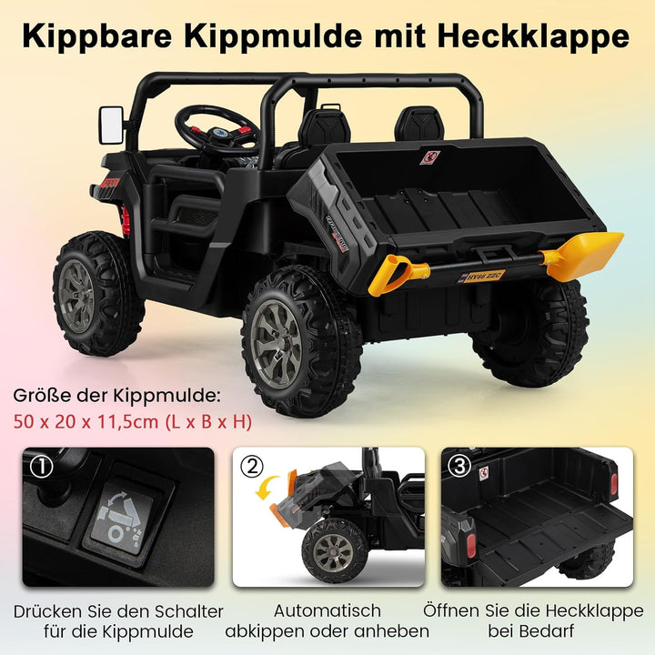 GOPLUS Kinder Elektroauto, 2-Sitzer Kinderauto mit Kippbett, Schaufel & Fernbedienung & Musik & Sche