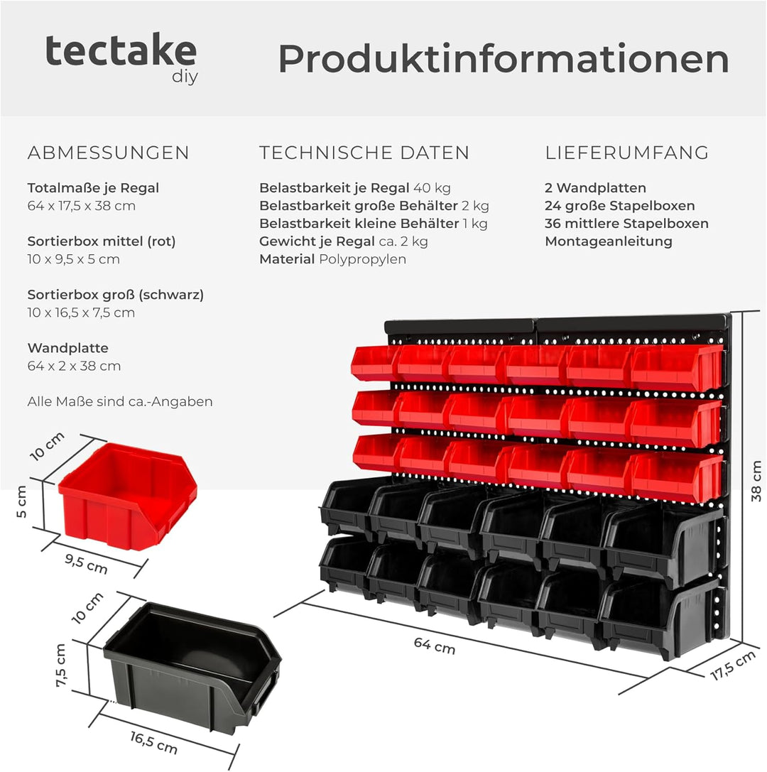 tectake® Werkstatt Wandregal, 62teilig, Stapelboxen, Kleinteilemagazin, Werkzeugwand, Schubladenbox,