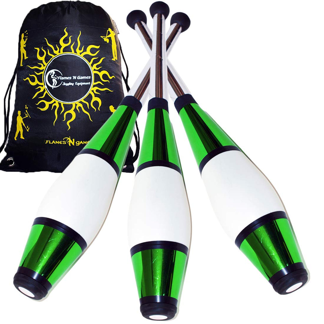 Juggle Dream Euro PRO Jonglierkeulen 3er-Set (Grun) Jonglier Keulen Training Set + Flames N Games Re
