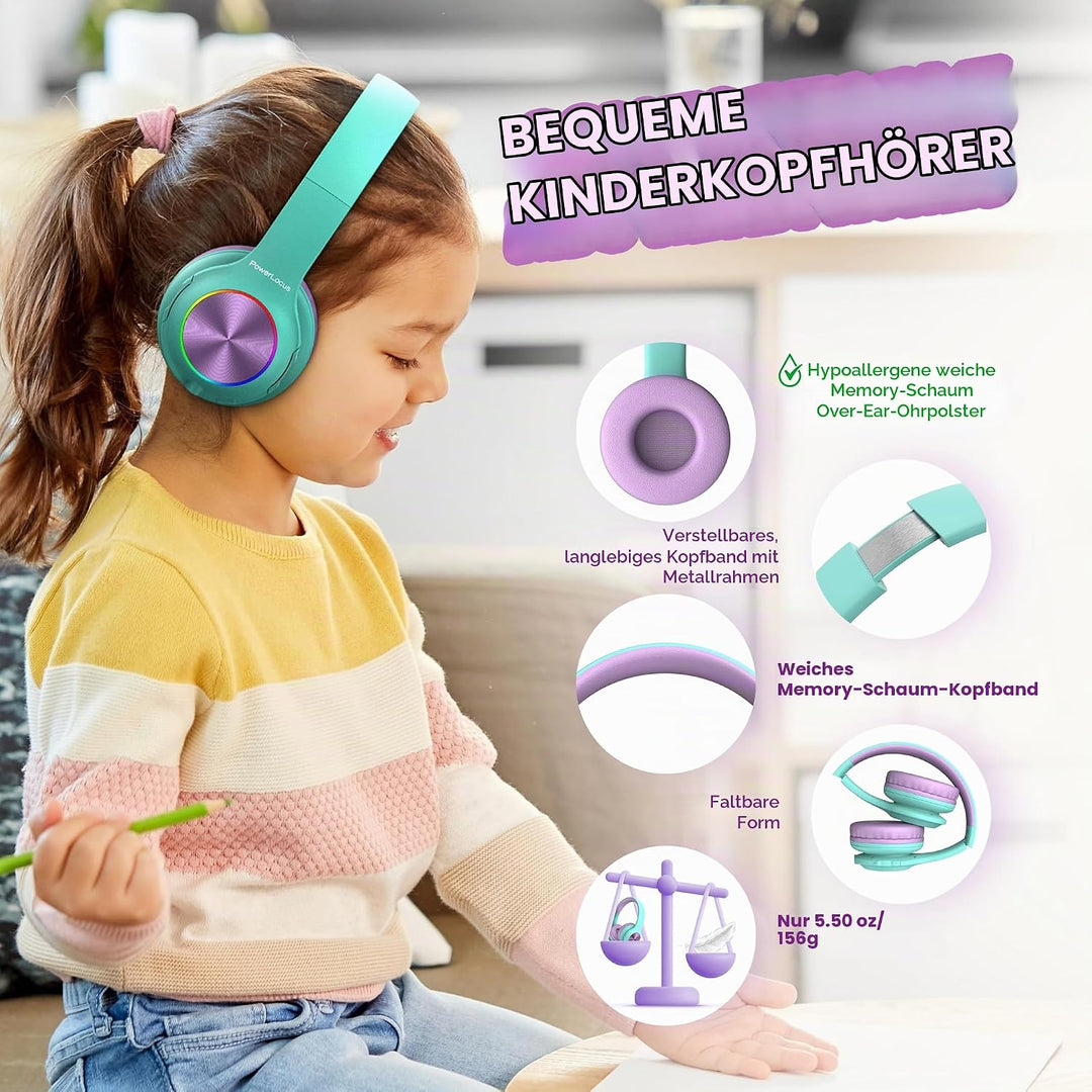 Kinderkopfhörer Bluetooth, PowerLocus Kinder Kopfhörer Kabellos mit LED-Leuchten 74/85/94dB Lautstär
